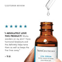 SkinCeuticals LHA Serum bottle with a dropper and customer review text.