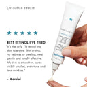 SkinCeuticals Retinol 1.0 cream tube with a hand applying it, and a customer review on a white background.