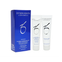 A travel-size ZO Balancing Cleansing Emulsion and Hydrating Crème set with the packaging of the emulsion in a gel form, and the creme in a tube, displayed alongside their respective boxes.