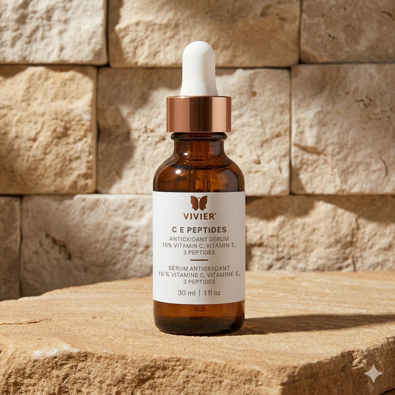 Vivier C E Peptides serum bottle with dropper on a stone surface and stone wall background