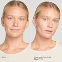 Before and after comparison of a woman wearing a Face Shield Glow SPF 50 on a plain background.
