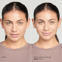 Before and after comparison of a woman wearing a Face Shield Glow SPF 50 on a plain background.