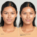 Before and after comparison of a woman wearing a Face Shield Glow SPF 50 product.
