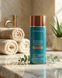 Colorescience face shield flex tinted mineral sunscreen bottle on a marble surface with towels and a plant in the background