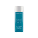 A bottle of Colorscience Sunforgettable Total Protection Face Shield SPF 50 matte sunscreen, featuring a teal blue body and a metallic silver cap, centered on a plain white background.