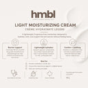 Product info for hmbl Light Moisturizing Cream with text and icons on a white background.