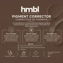 Product info for hmbl Pigment Corrector with text and icons on a brown background