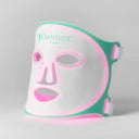 An Omnilux Clear LED light therapy face mask shown on a neutral gray background. The mask is white with a mint green border and glowing pink LED light outlining the edges.