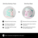A comparison infographic for Omnilux LED Face masks, showing two round product renders side by side labeled 'Omnilux Contour Face' and 'Omnilux Clear' with feature callouts below on a white background and a black footer 