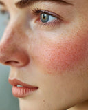 Close-up of a person's face with rosacea on a neutral background
