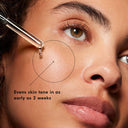 Close-up of a woman's face with a dropper applying product, text indicating skin tone evenness.
