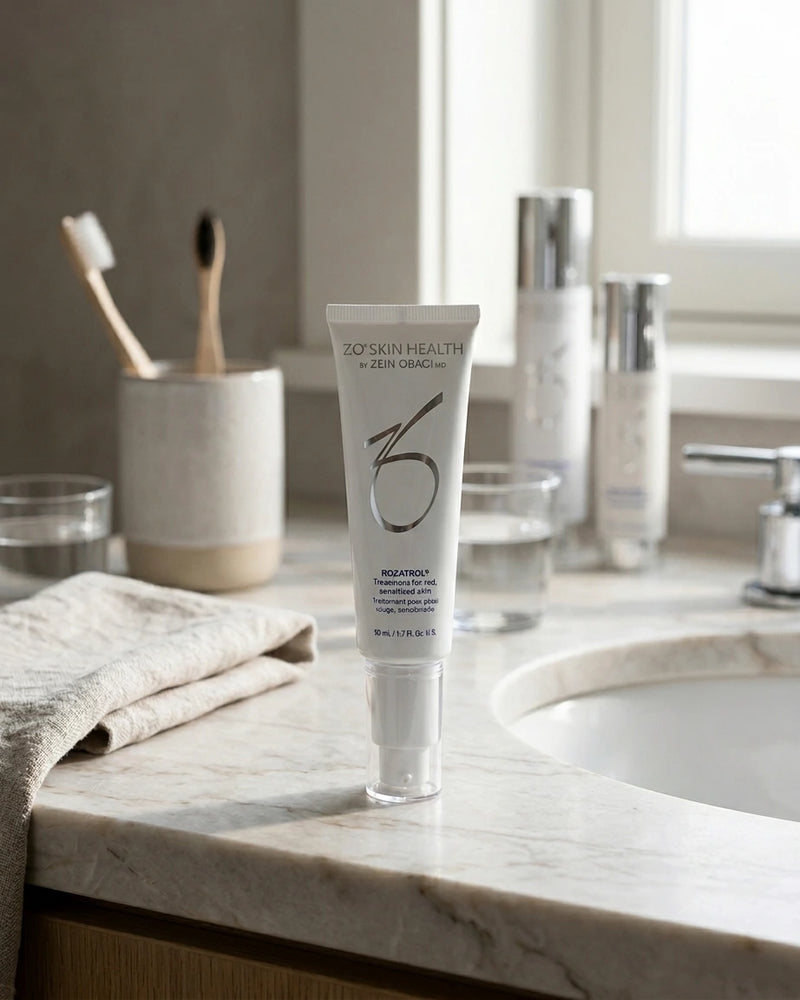 Tube of ZO Skin Health rozatrol redness treatment serum on a bathroom counter with toothbrushes and glasses in the background.